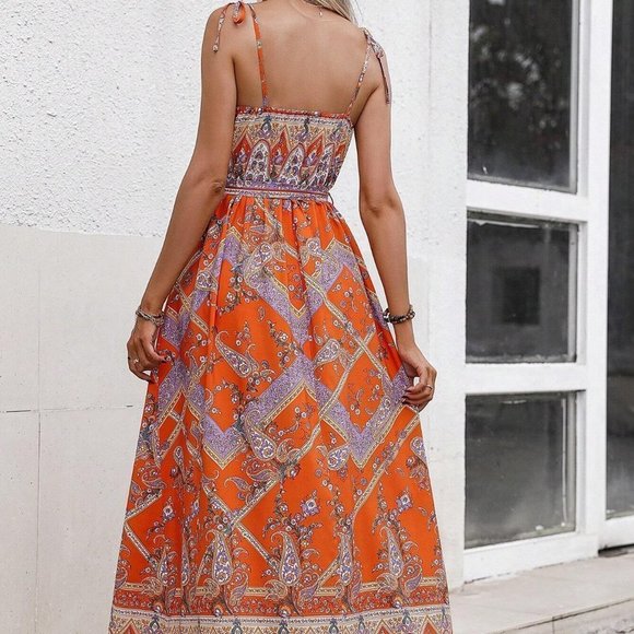 Orange Boho Womens Paisley Print Split Thigh Belted Cami Dress - Picture 2 of 5